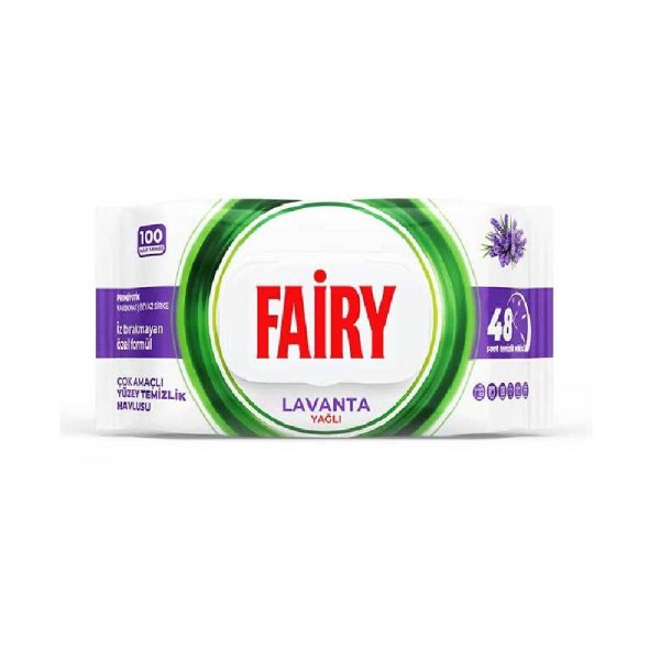 دستمال مرطوب همه کاره fairy با رایحه اسطوخودوس Lavanta بسته 100 عددی